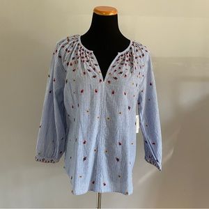 Velvet Blue Striped Embroidered Floral Blouse - M